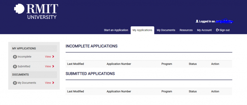 System to apply online to the RMIT University