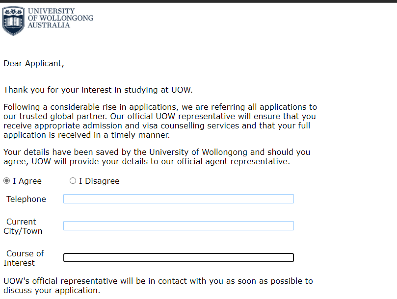 UOW asking for permission to refer the student applying online to one of the consultancy